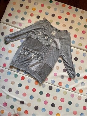 Anthropologie Gray Patchwork Lace lightweight Pullover Sweater